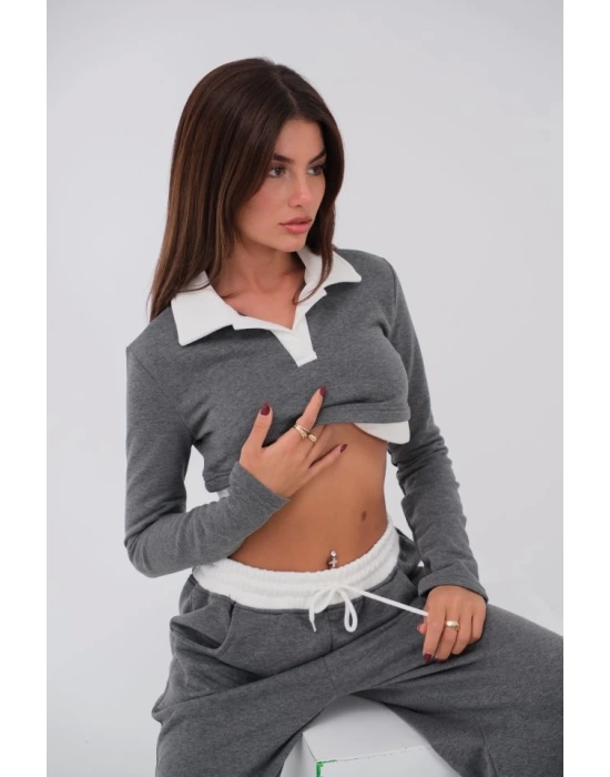 Polo Yaka Garnili Crop Sweatshirt