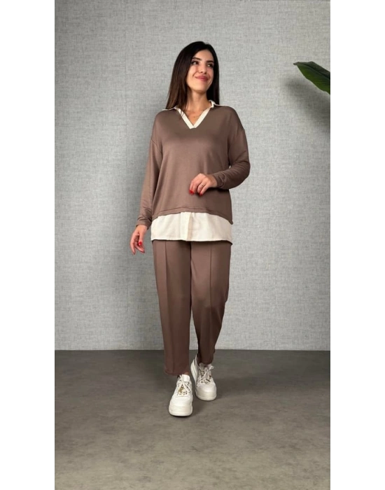 Polo Yaka Gömlek Detay Salaş Balon Pantolunlu ıkılı Takım