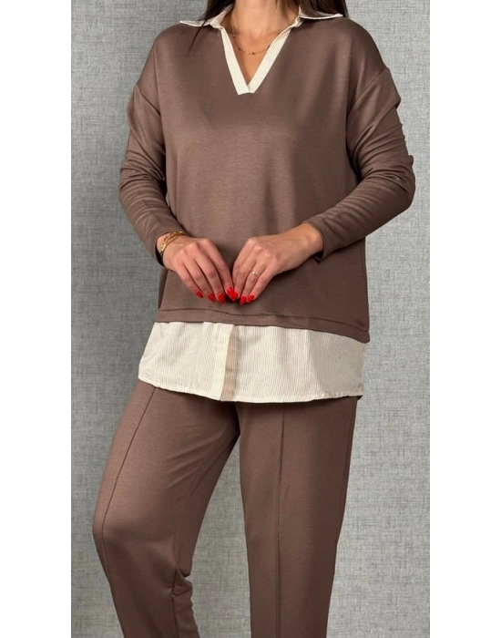 Polo Yaka Gömlek Detay Salaş Balon Pantolunlu ıkılı Takım