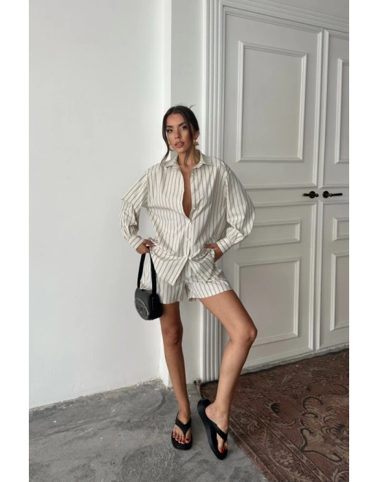 POPLİN ÇİZGİLİ GÖMLEK - ŞORT TAKIM - Bej