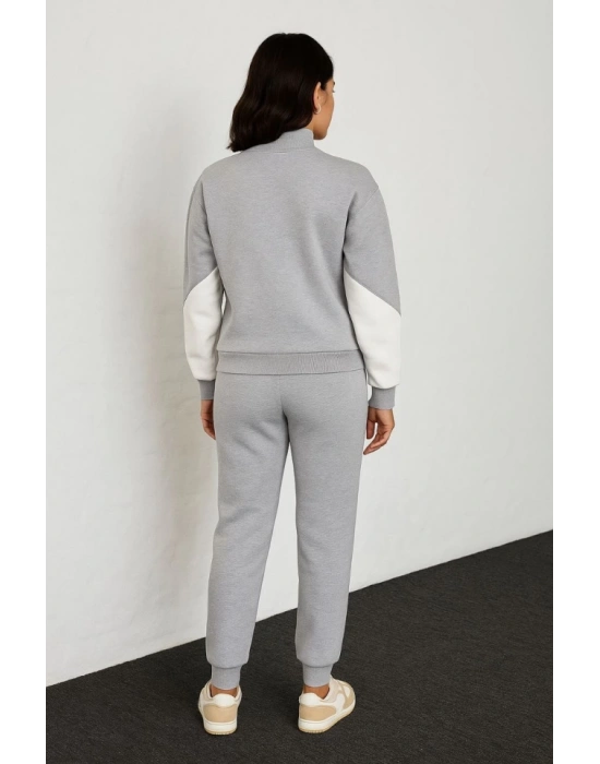 Premium Parçalı Eşofman Takım - Dik Yaka Fermuarlı Sweatshirt - Gri