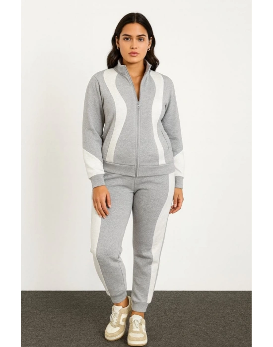 Premium Parçalı Eşofman Takım - Dik Yaka Fermuarlı Sweatshirt - Gri