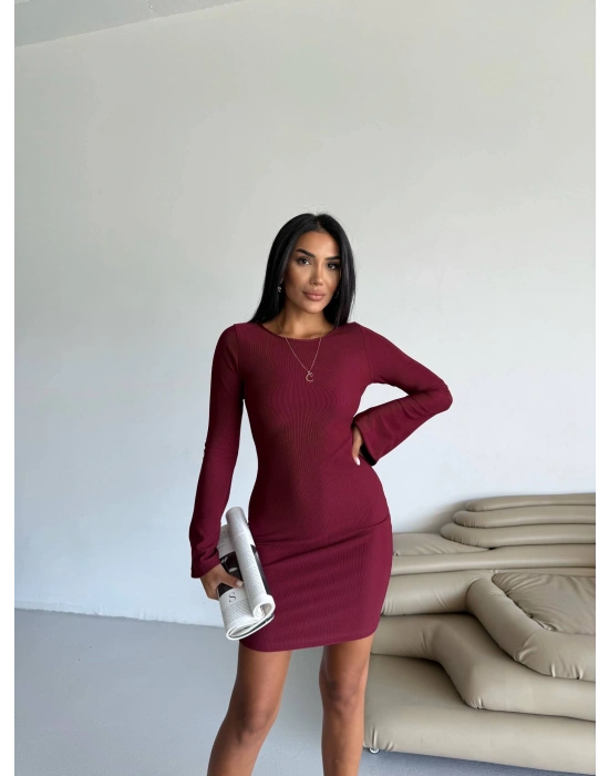 Prenses kol esnek kumaş elbise bordo f2334