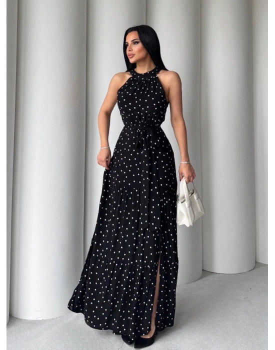 Puantiyeli yırtmaçlı elbise N4233