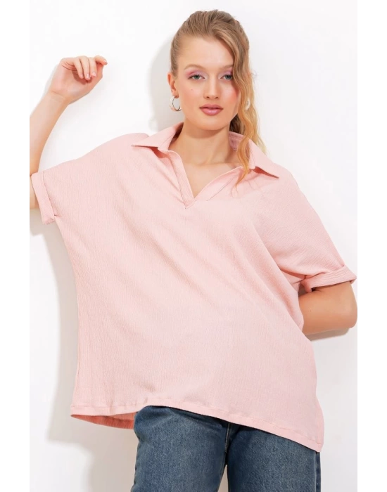 Pudra Oversize Polo Yaka Örme Bluz 0486