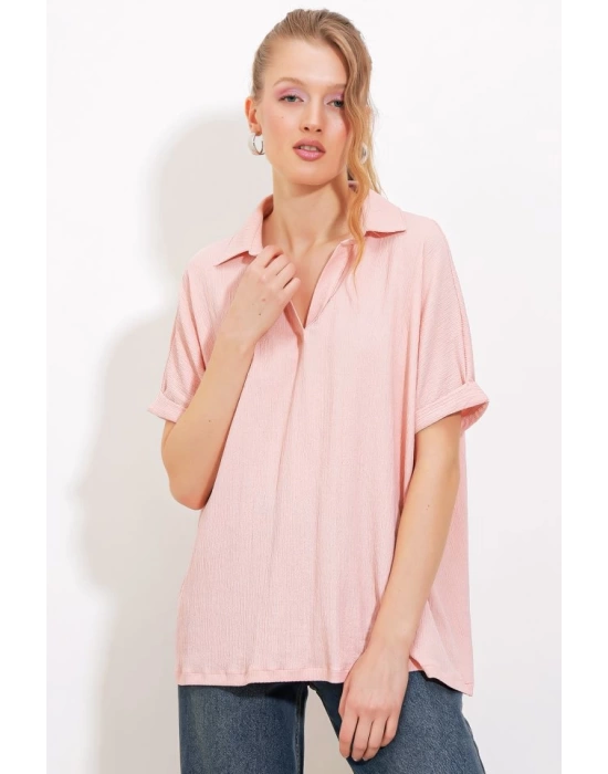 Pudra Oversize Polo Yaka Örme Bluz 0486