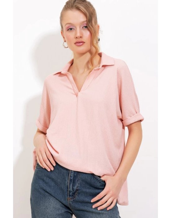 Pudra Oversize Polo Yaka Örme Bluz 0486