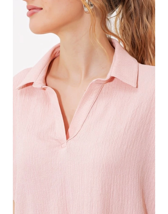 Pudra Oversize Polo Yaka Örme Bluz 0486