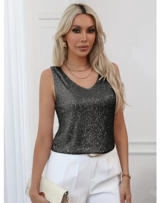 Pul Payetli Sıfır Kol Bluz -Siyah