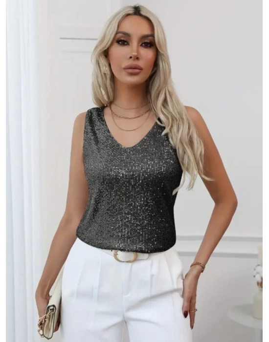 Pul Payetli Sıfır Kol Bluz -Siyah