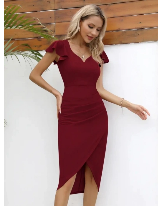 QKadın Kısa Kollu Kalp Yaka Yanlardan Büzgü Detay Midi Janjan Krep Elbise