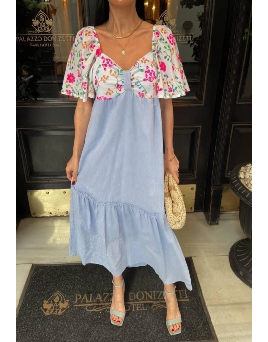 RENKLİ NAKIŞ DESENLİ ELBİSE - Mavi