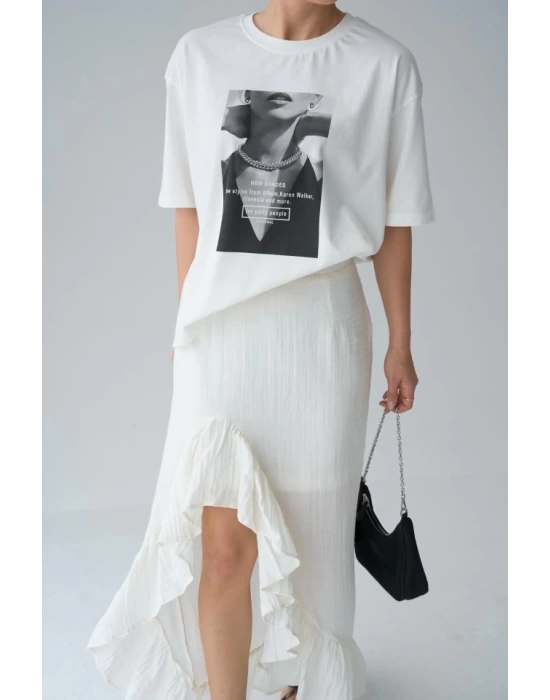 Resim Baskılı T-Shirt - Krem
