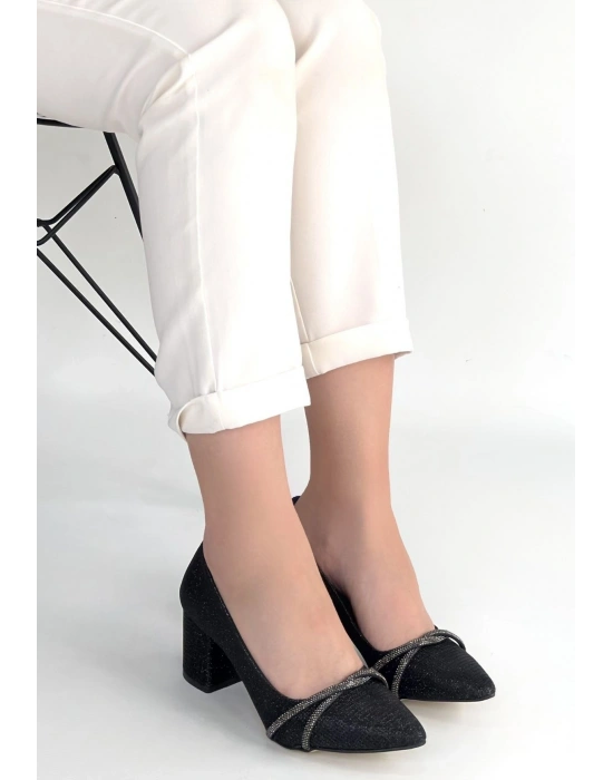 Rewin Siyah Simli Cilt Topuklu Ayakkabı