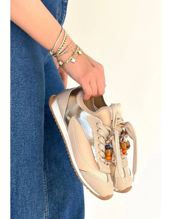 Riaf Bej Cilt Bağcıklı Spor Ayakkabı