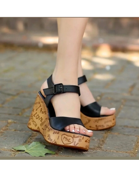 Riboy Siyah Cilt Dolgu Topuk Sandalet