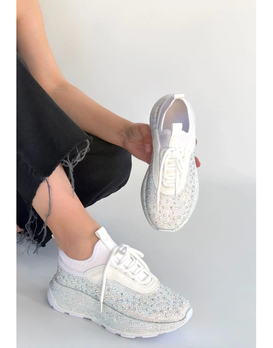 Rimay Beyaz Cilt Boncuk İşlemeli Spor Ayakkabı