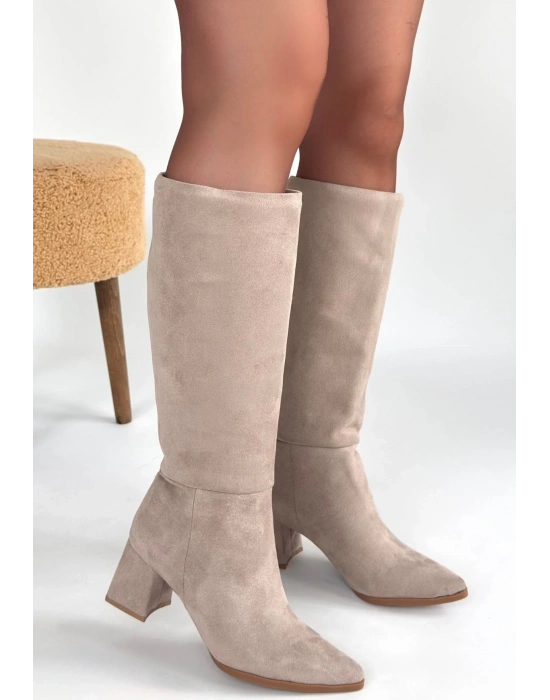 Roksa Bej Süet Topuklu Çizme