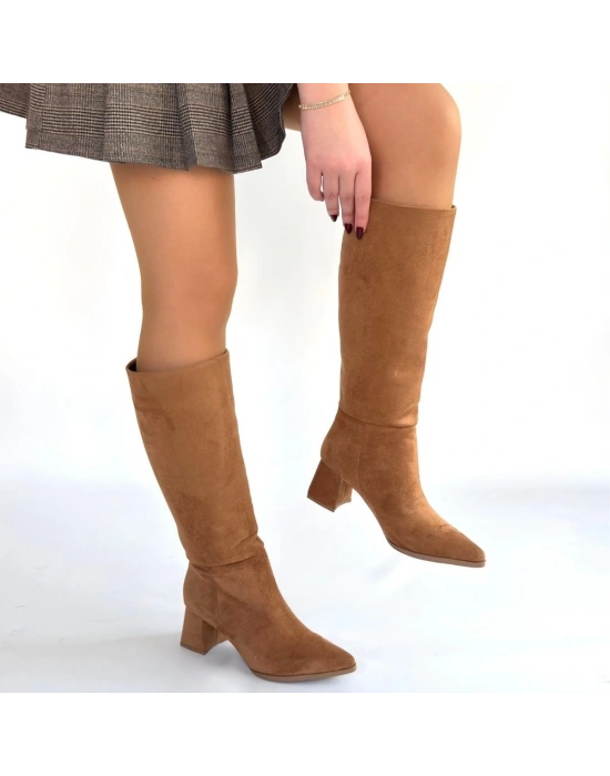 Roksa Taba Süet Topuklu Çizme