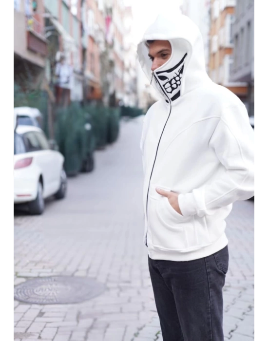 Samuray Kapşonlu ZIP Fermuarlı Çift Kapşonlu Nakışlı SweatShirt- Beyaz