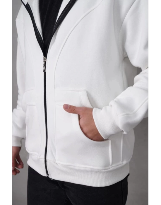 Samuray Kapşonlu ZIP Fermuarlı Çift Kapşonlu Nakışlı SweatShirt- Beyaz
