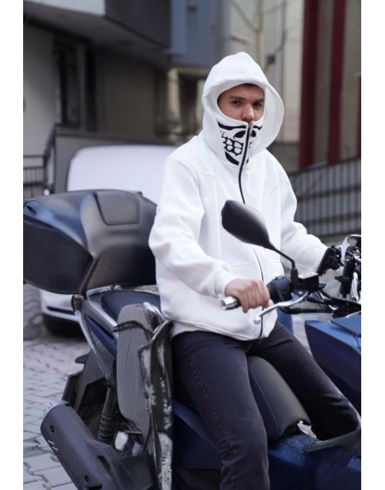 Samuray Kapşonlu ZIP Fermuarlı Çift Kapşonlu Nakışlı SweatShirt- Beyaz