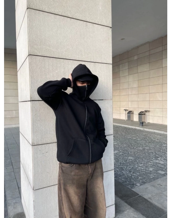 Samuray Kapüşonlu ZIP Fermuarlı Kapüşonlu Özel Tasarım SweatShirt - Siyah