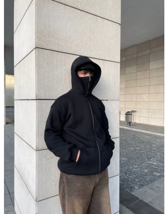 Samuray Kapüşonlu ZIP Fermuarlı Kapüşonlu SweatShirt - Siyah