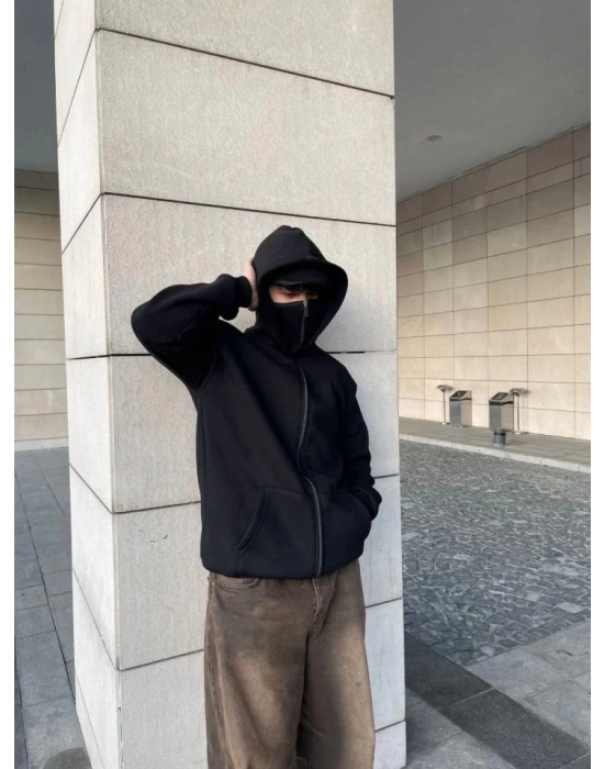 Samuray Ninja Çift Kapşonlu ZIP Fermuarlı Kanguru Çepli Tam Fermuarlı Hoodie Swetshirt - Siyah
