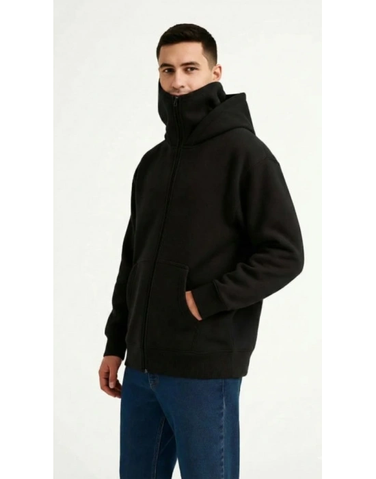 Samuray Ninja Çift Kapüşonlu ZIP Fermuarlı Kanguru Cepli Tam Fermuarlı Hoodie Sweatshirt - Siyah