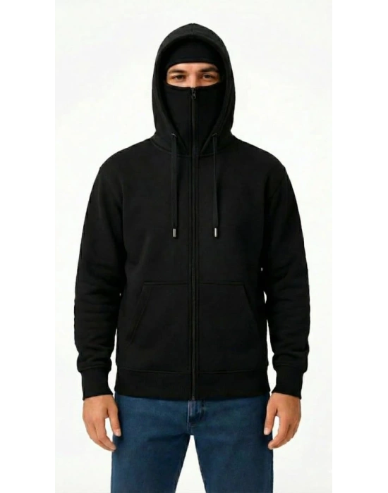Samuray Ninja Çift Kapüşonlu ZIP Fermuarlı Kanguru Cepli Tam Fermuarlı Hoodie Sweatshirt - Siyah