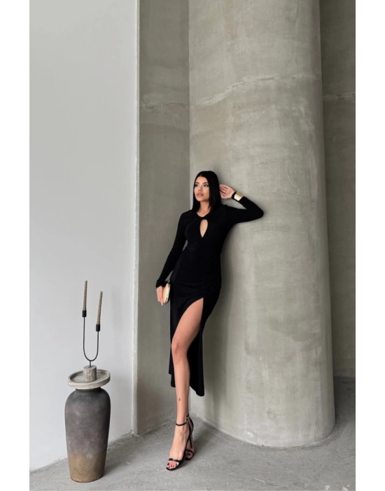 SANDY ELBİSE BÜZGÜ DETAYLI - Siyah