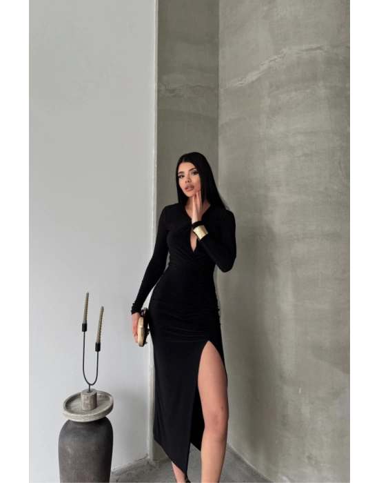 SANDY ELBİSE BÜZGÜ DETAYLI - Siyah