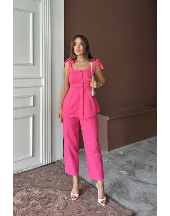 ŞANTUK KETEN YELEK GÖRÜNÜMLÜ  ASKILI BLUZ - PANTOLON TK - Fuşya