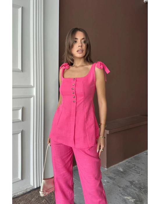 ŞANTUK KETEN YELEK GÖRÜNÜMLÜ  ASKILI BLUZ - PANTOLON TK - Fuşya