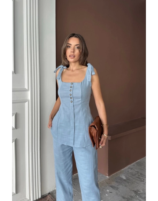 ŞANTUK KETEN YELEK GÖRÜNÜMLÜ  ASKILI BLUZ - PANTOLON TK - Mavi