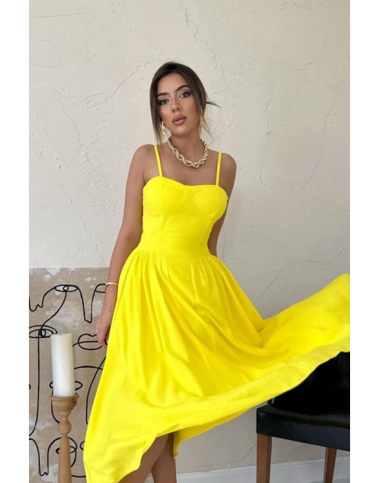 Sarı Göğüs Kuplu Uzun Büzgülü Elbise