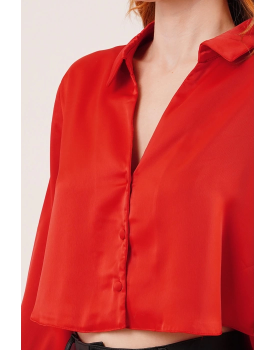 Saten Crop Model Kırmızı Gömlek