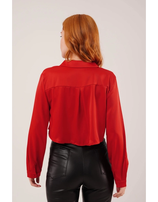 Saten Crop Model Kırmızı Gömlek