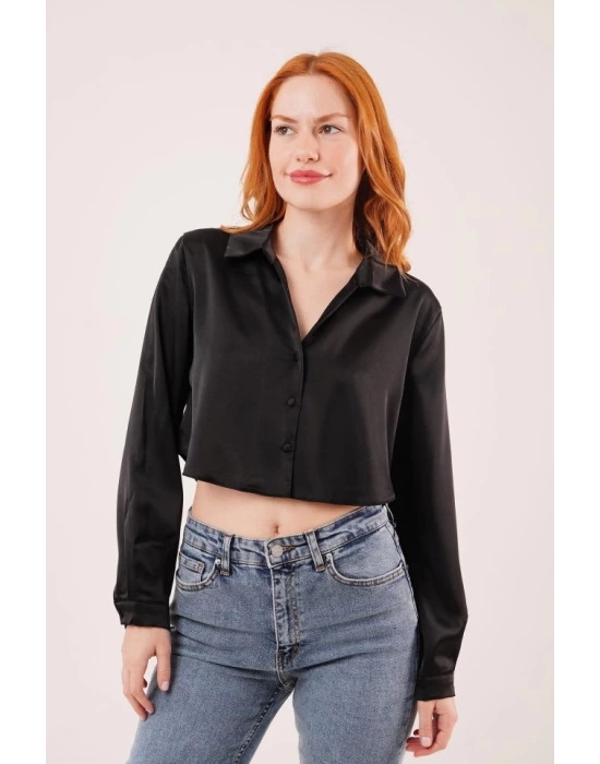 Saten Crop Model Siyah Gömlek