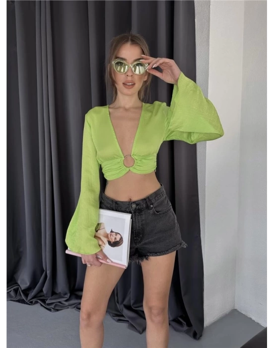 SATEN CROP TOKA DETAYLI BLUZ - Yeşil