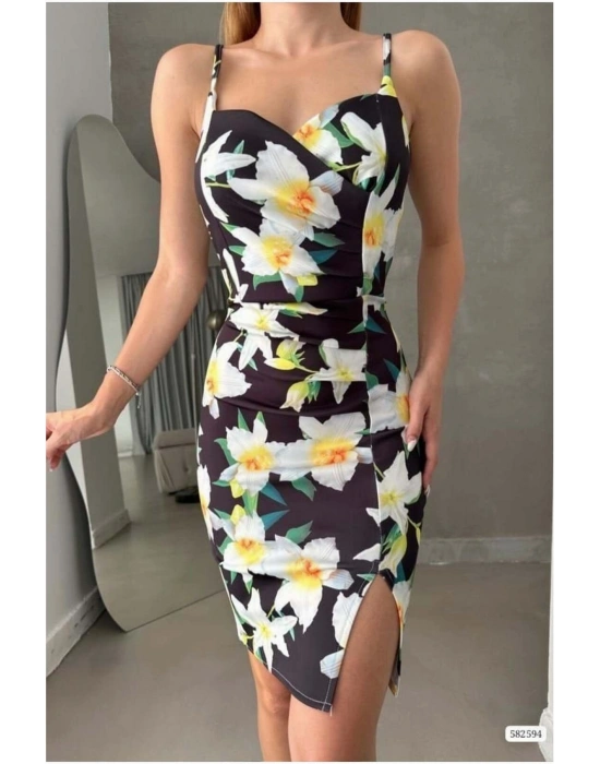 Scuba Yaka Kalp Kumaş Elbise Yırtmaçlı Esnek Mini