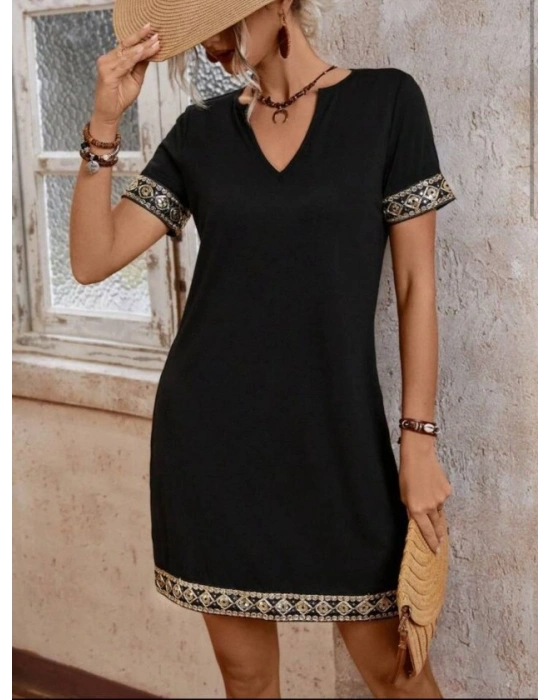 Şerit Detay V Yaka Yandan Cepli Viskon Elbise