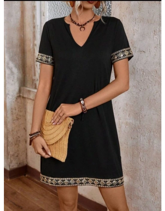 Şerit Detay V Yaka Yandan Cepli Viskon Elbise