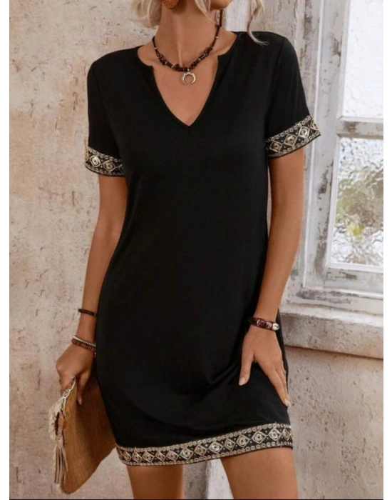 Şerit Detay V Yaka Yandan Cepli Viskon Elbise