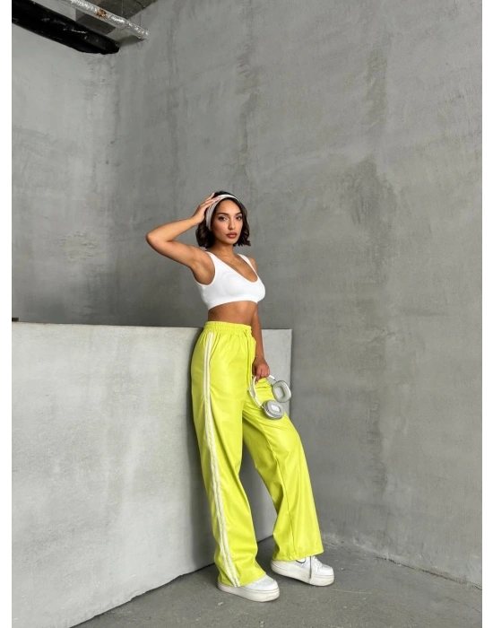 Şeritli deri pantolon yeşil h26430