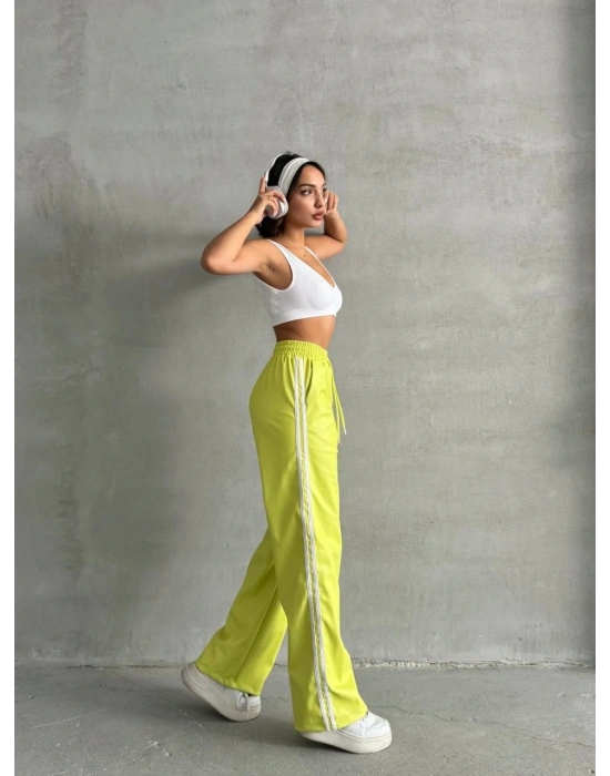 Şeritli deri pantolon yeşil h26430