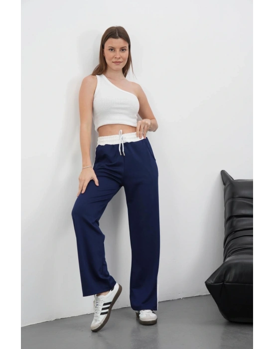 Şeritli garnili pantolon lacivert