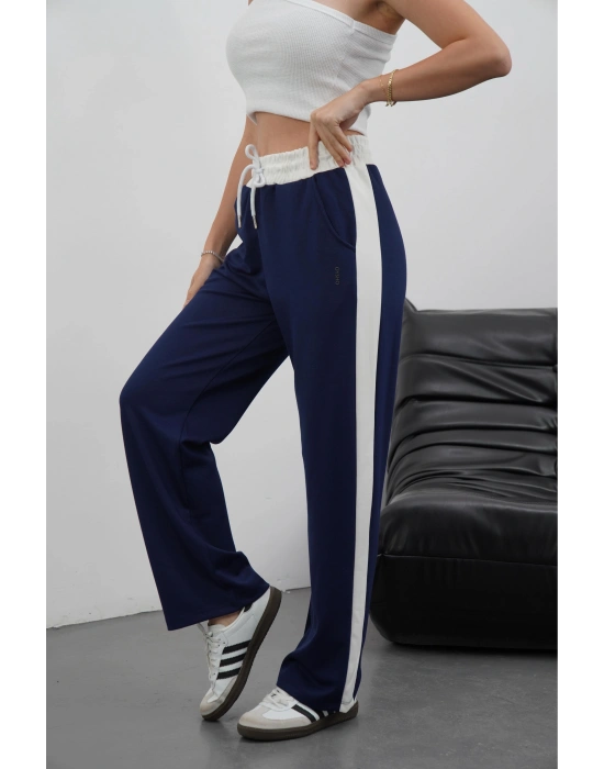 Şeritli garnili pantolon lacivert