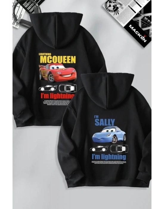 Sevgililer Günü Özel Kapüşonlu Araba Baskılı Oversize Sweatshirt - Siyah